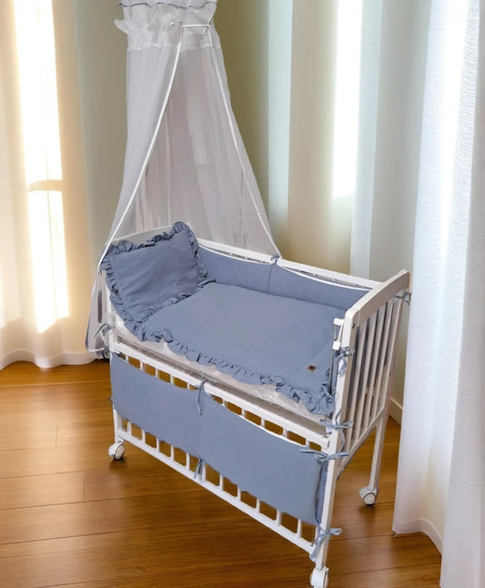 3in1 Beistellbett mit Musselin-Bettwäsche – Jeansblau