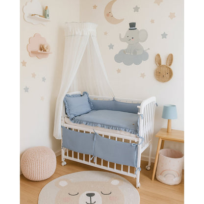 Babyhafen Beistellbett weiß mit Musselin-Bettwäsche in Jeansblau