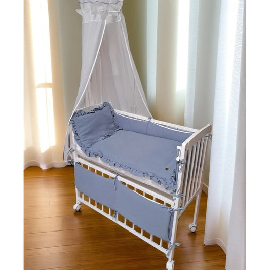 3in1 Beistellbett mit Musselin-Bettwäsche – Jeansblau