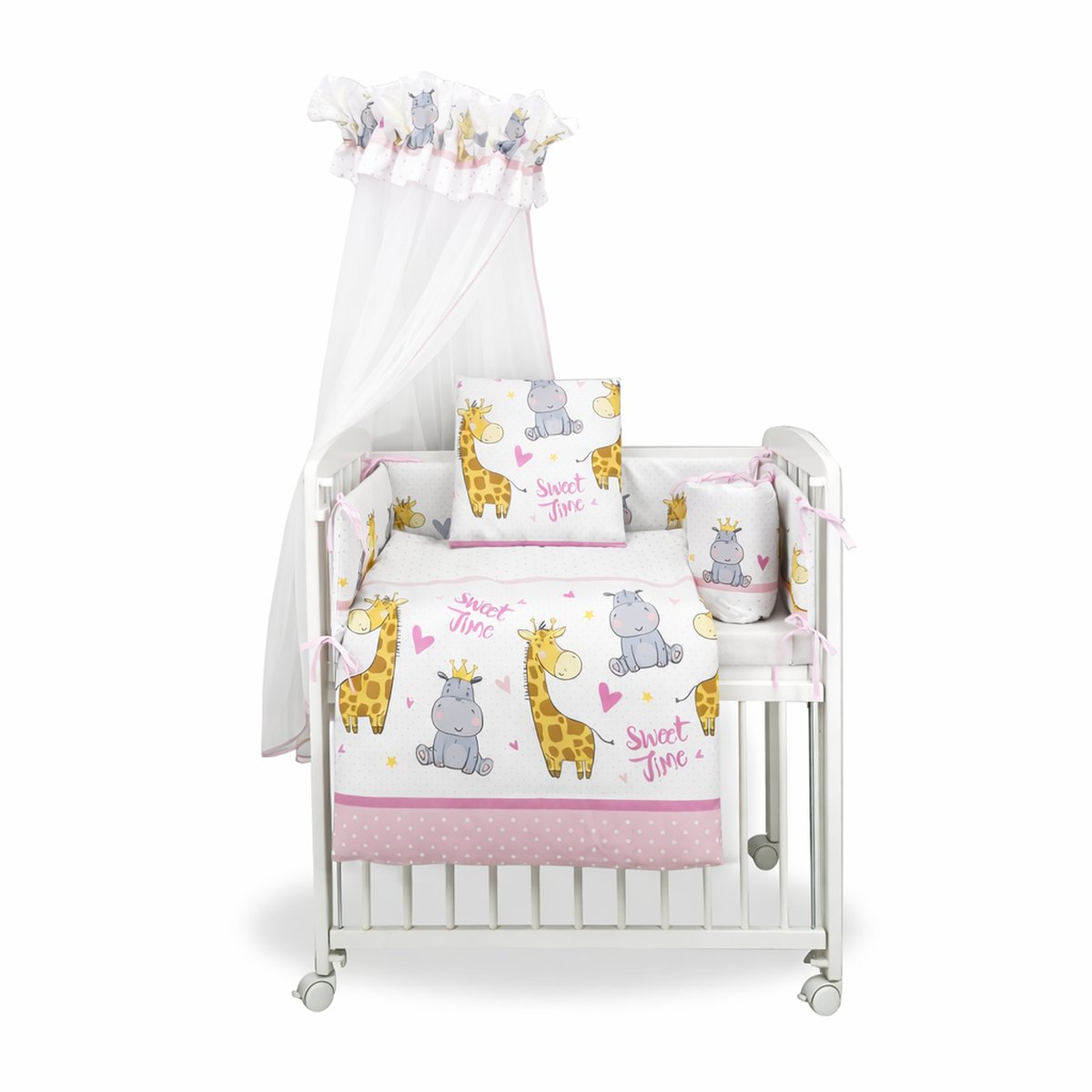 Beistellbett 90x40 cm Rosa mit absenkbarem Seitengitter und Rollen im Zoo-Design