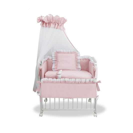 Elegantes Babybett in Rosa mit Spitze und weißem Betthimmel von Babyhafen