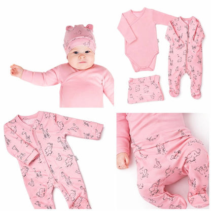 Babyhafen Babyset für Mädchen – rosa Strampler und Hose mit Tiermotiven