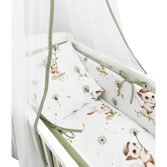 Beistellbett 40x90 mit Matratze & Bettwäsche – liebevolles Hasen- und Katzenmotiv in Grün-Weiß für traumhaften Babyschlaf