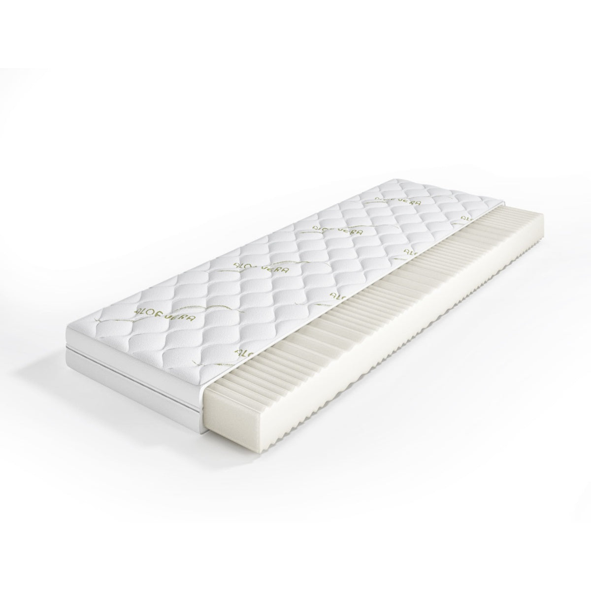 Komfortable Kaltschaummatratze mit Aloe-Vera-Bezug und sichtbarer Innenstruktur, freigestellt auf weißem Hintergrund