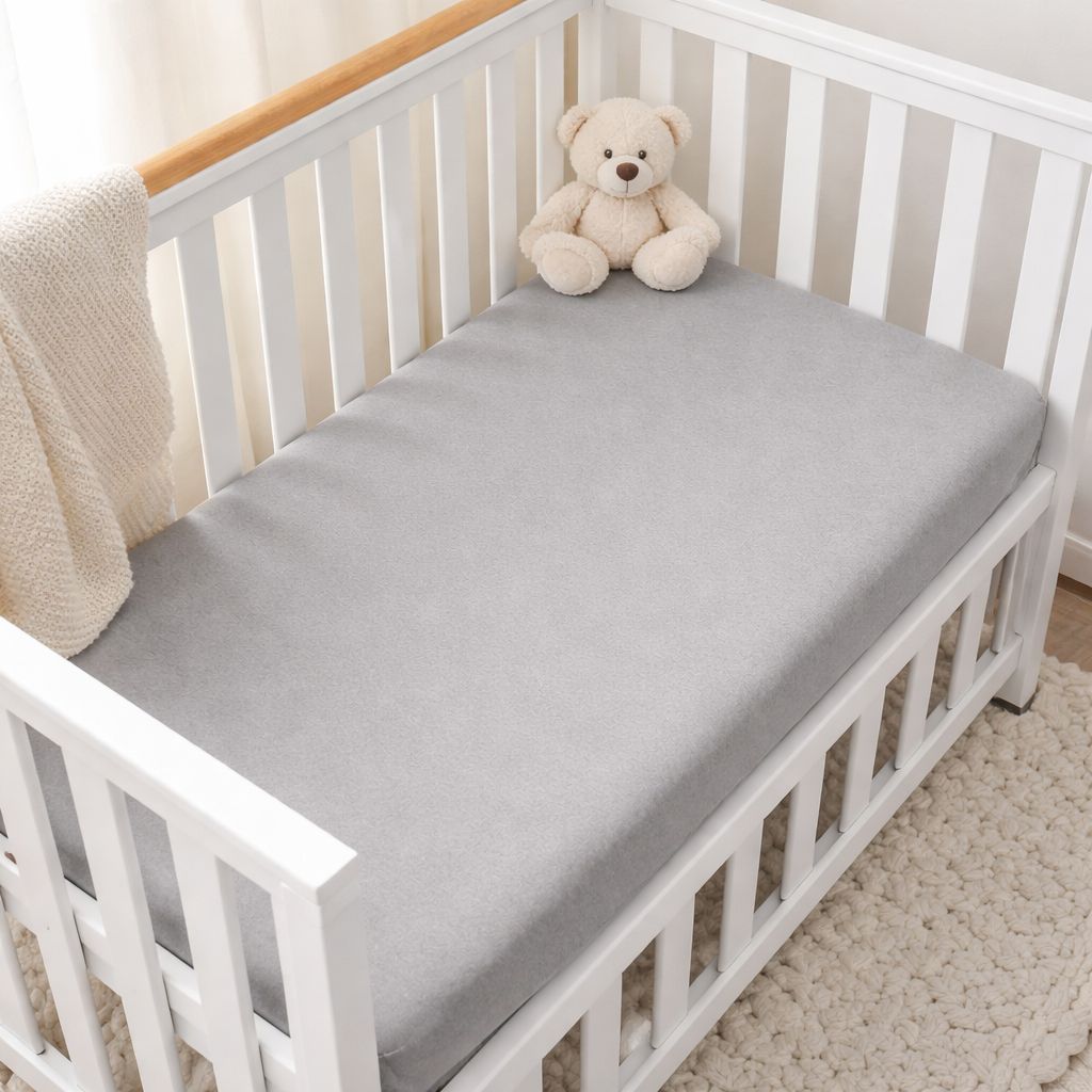 Graues Spannbettlaken aus Baumwolle für Babybett 50×100 cm, elastisch und passgenau auf weißem Hintergrund