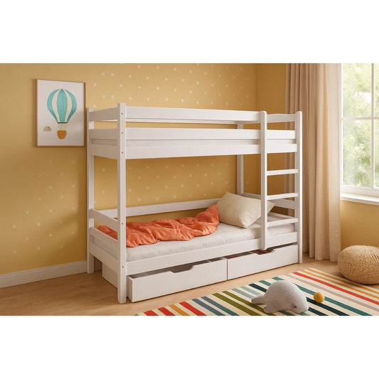 Weißes Massivholz-Etagenbett 90×200 mit Schubladen im modernen Kinderzimmer