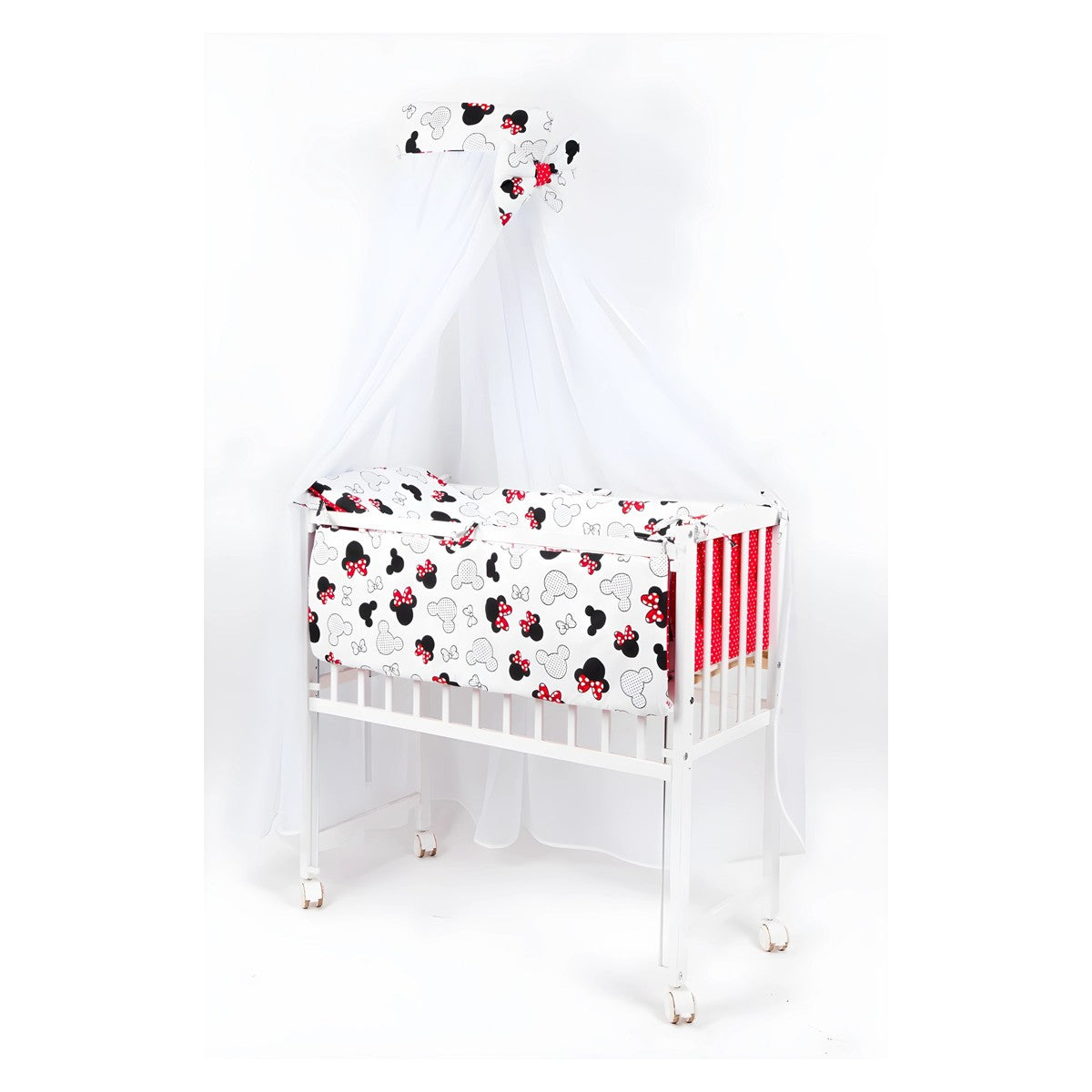 Komplettset Beistellbett Weiß mit Bettwäsche im Minnie-Maus-Motiv