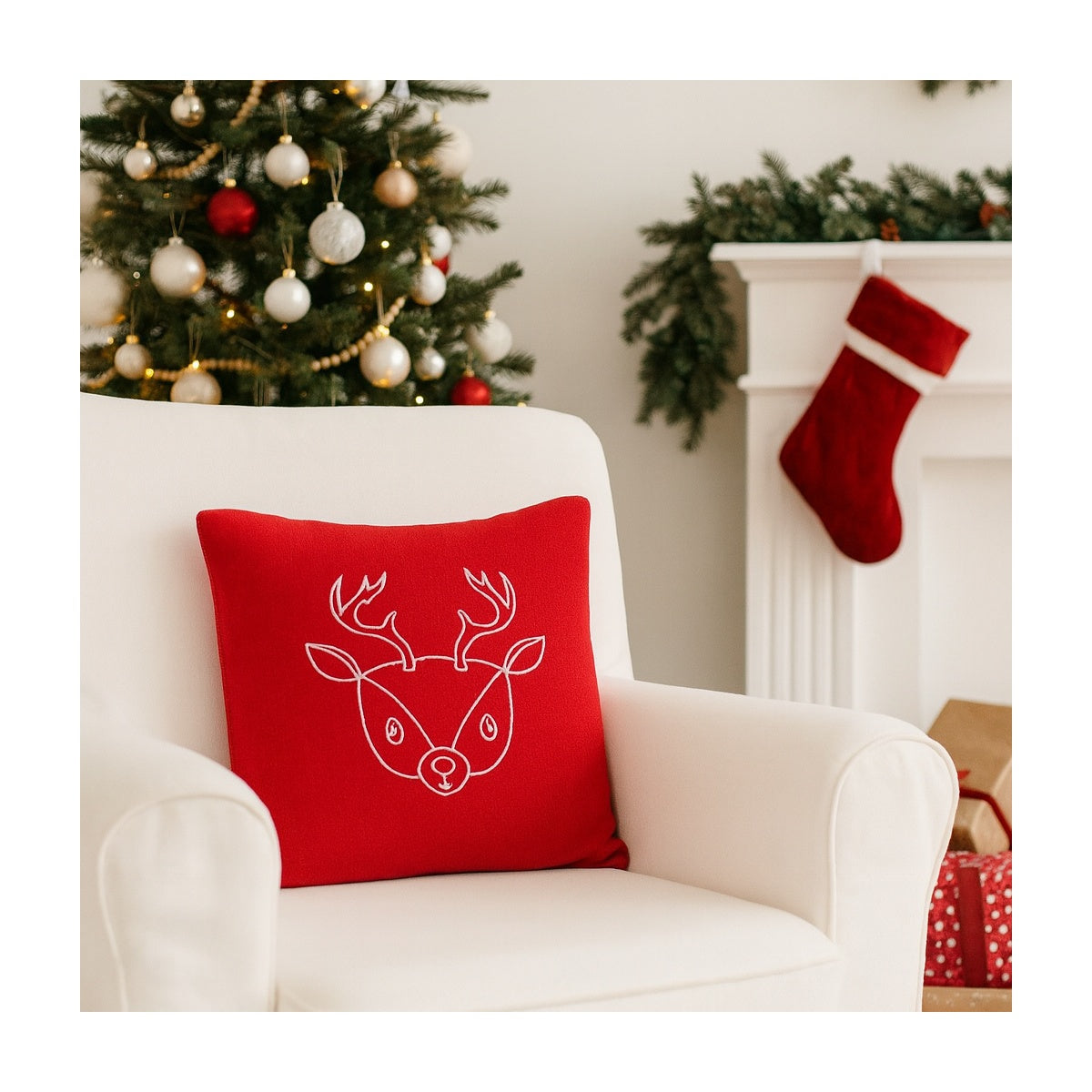 Rotes Dekokissen 40x40 cm mit Rentier Gesicht – stilvolle Weihnachtsdekoration