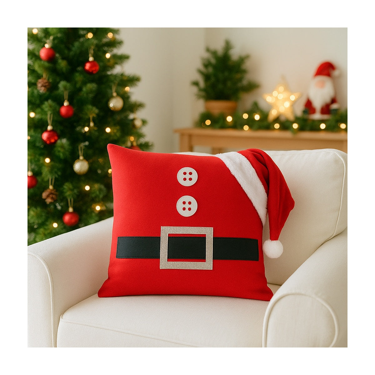 Festliches Kissen mit Weihnachtsmann-Motiv und Mütze – Weihnachtsdekoration