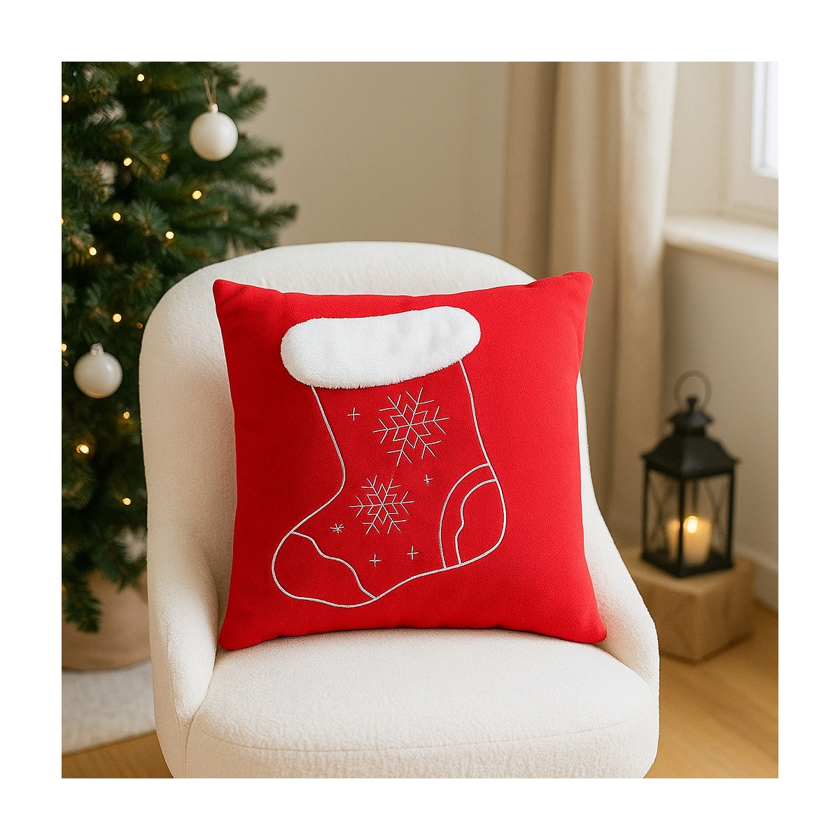 Festliches Kissen mit Weihnachtsstiefel und Schneeflocken Design