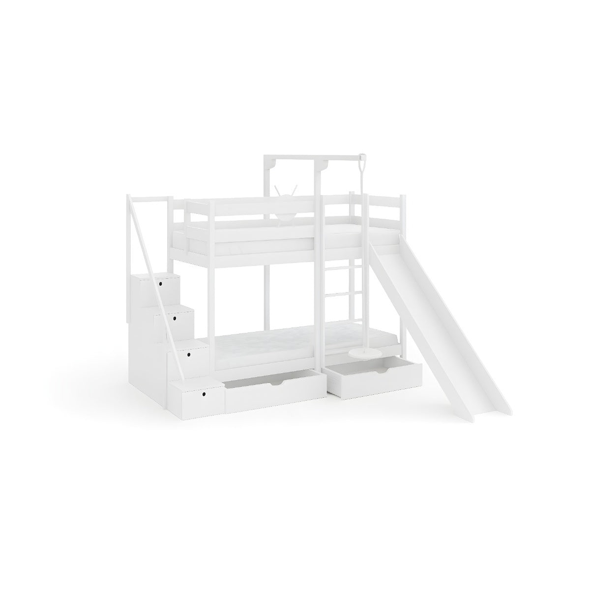 Weißes Etagenbett „Spassinsel Abenteuer“ aus Massivholz mit Rutsche, Treppe und zwei Schubladen – modernes, sicheres Kinderbett mit Spiel- und Stauraumelementen.