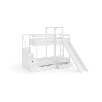 Weißes Etagenbett „Spassinsel Abenteuer“ aus Massivholz mit Rutsche, Treppe und zwei Schubladen – modernes, sicheres Kinderbett mit Spiel- und Stauraumelementen.