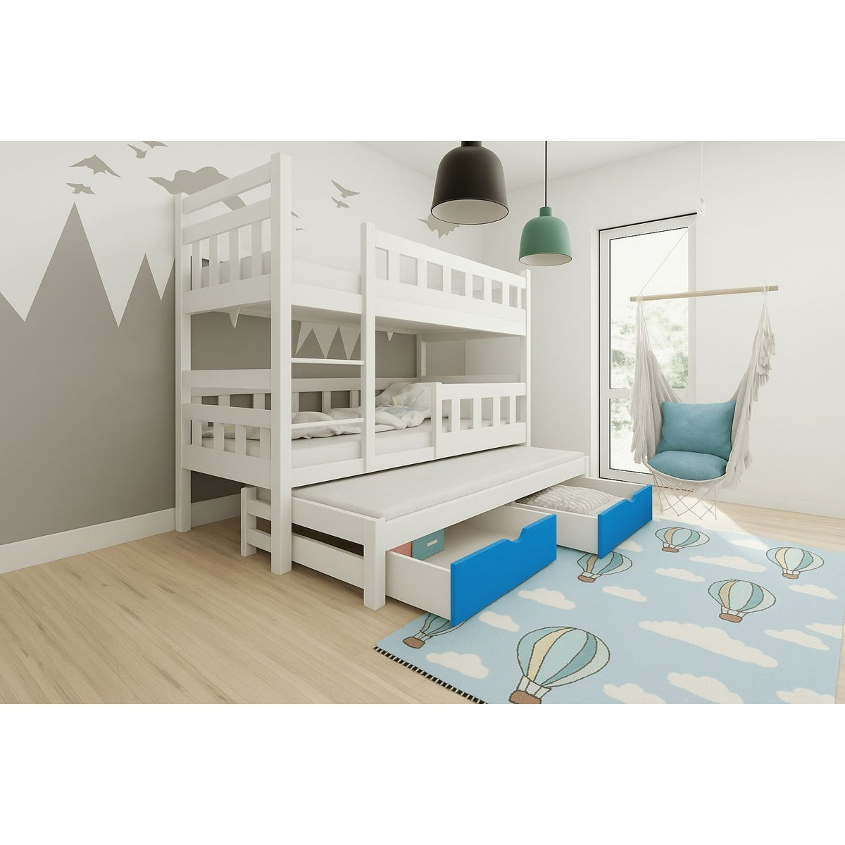 Weißes Etagenbett 3-in-1 mit Ausziehbett und blauen Schubladen, eingerichtet in einem hellen modernen Kinderzimmer