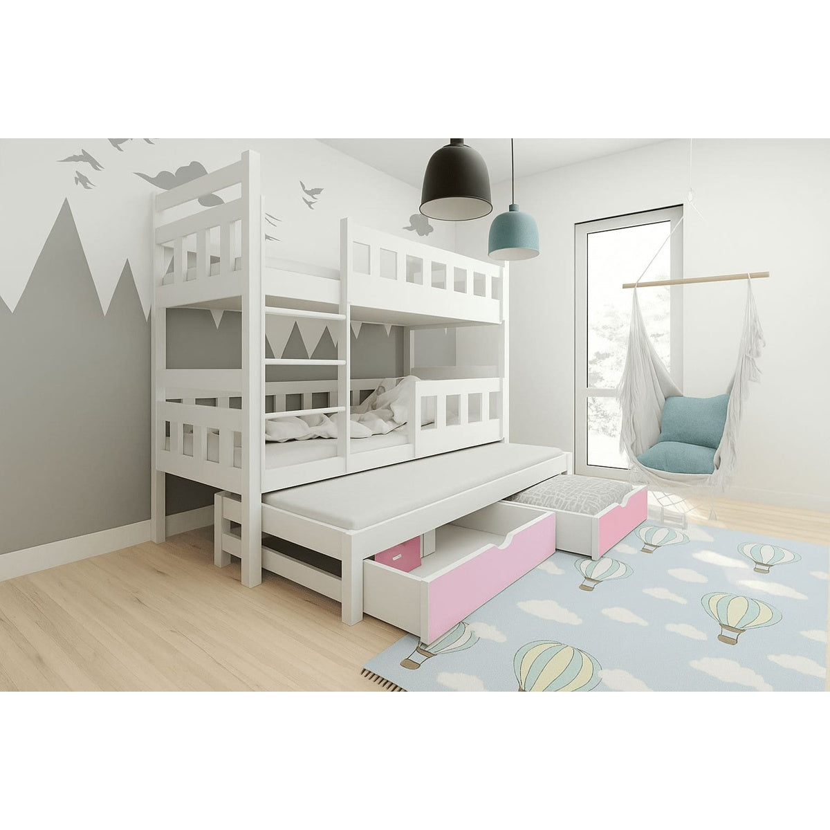 Weißes Etagenbett 3-in-1 mit Ausziehbett und rosa Schubladen, eingerichtet in einem modernen hellen Kinderzimmer