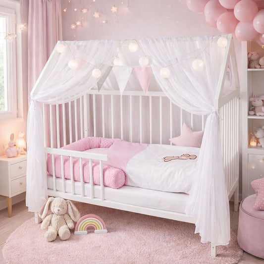 Hausbett Babybett 120x60 in Weiß mit Vorhang, Lichterkette und rosa Ausstattung im Kinderzimmer