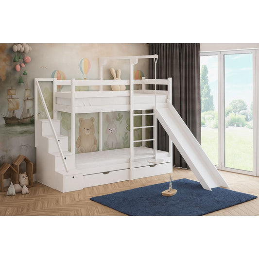 Weißes Massivholz-Etagenbett 200x90 mit Rutsche, Treppe und Stauraumschubladen im liebevoll dekorierten Kinderzimmer