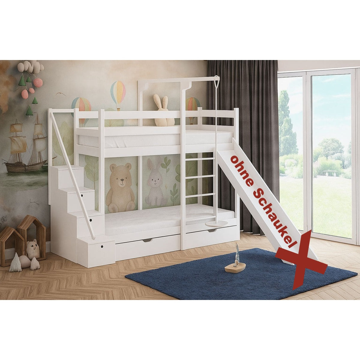 Etagenbett Spassinsel Abenteuer 200x90 mit Rutsche, Treppe & Stauraum aus Massivholz