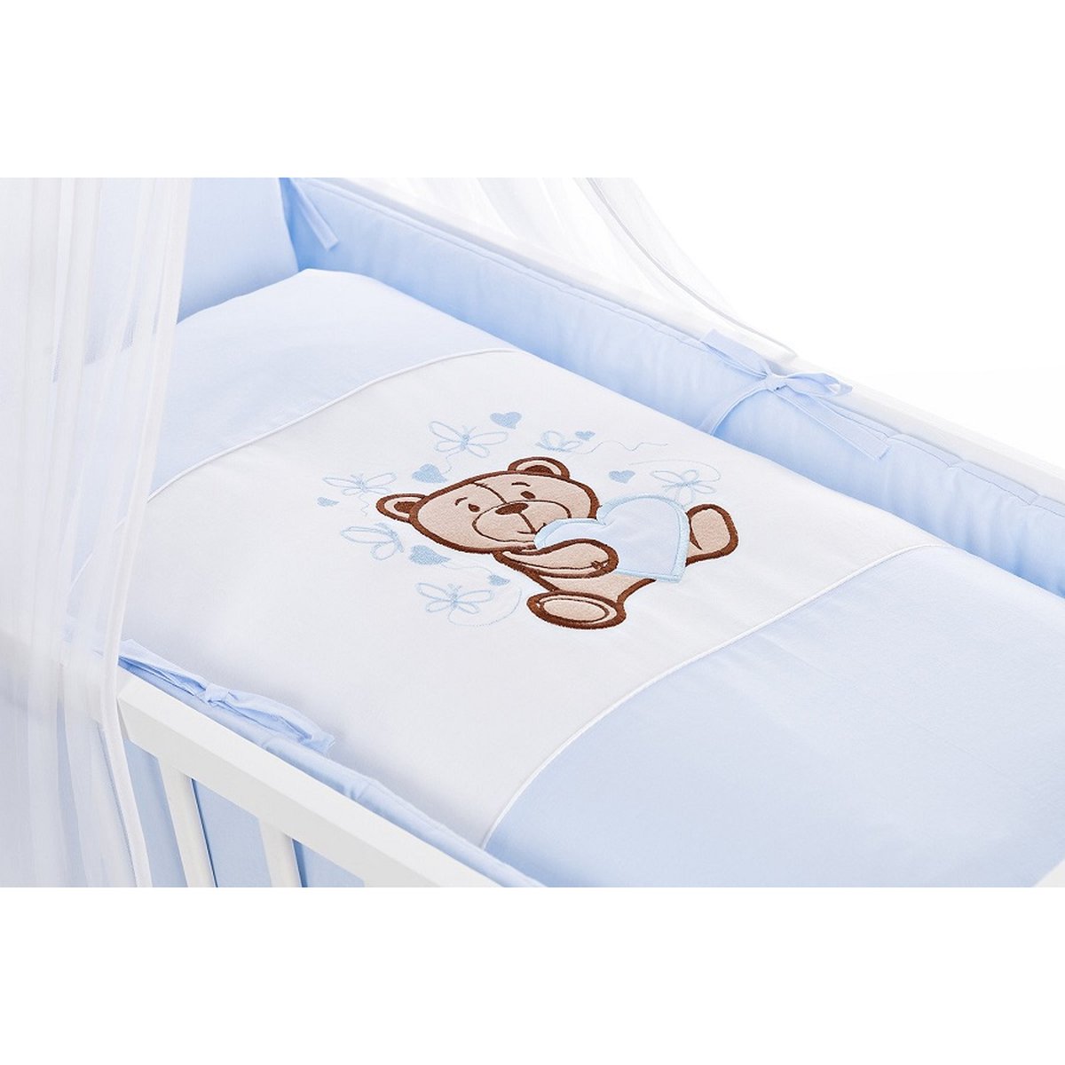 Baby-Wiegenset Teddy Blau aus Baumwolle mit Stickerei