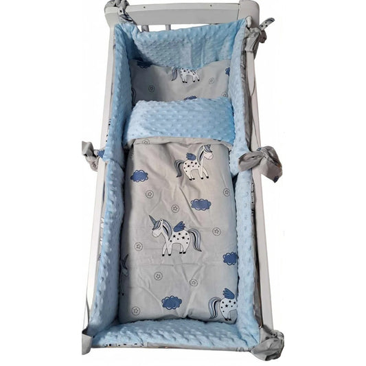 Wiegenset Einhorn, blau Minky (5-teilig) - babyhafen.de 