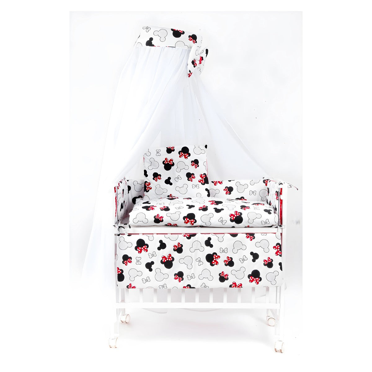 Babybett mit Rollen und Bettset Minnie Maus Rot-Weiß