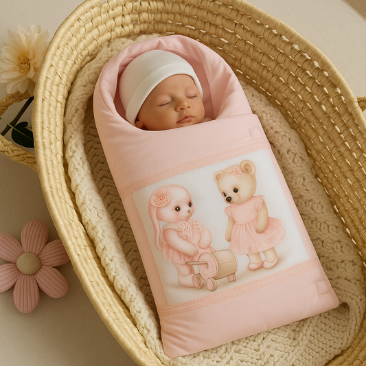 Baby Einschlagdecke rosa mit Bärenmotiv – Babypuppe liegt auf weißem Plaid neben Porzellanbär und Pfingstrosen, elegante Boutique-Baby-Szene in Rosa und Ecru