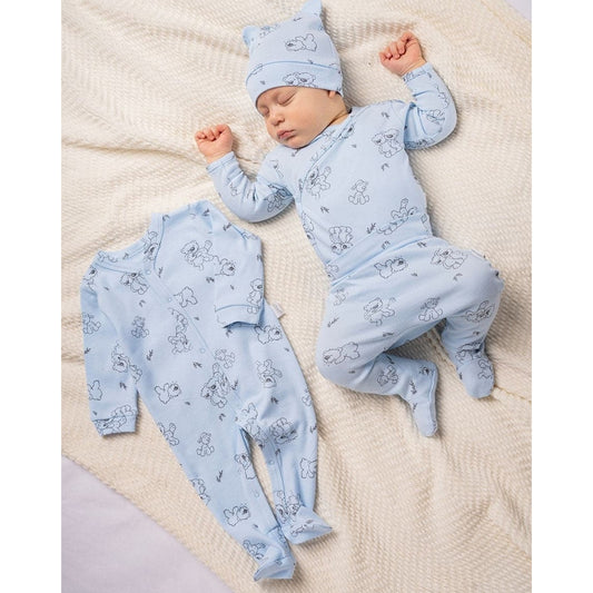 Baby Erstausstattung Set blau mit Bärchen – Strampler, Body und Mütze für Neugeborene