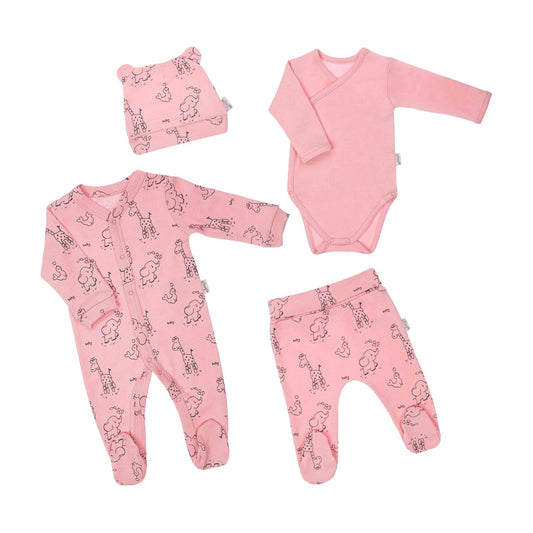 4-teiliges Babyset in Rosa mit Body, Strampler, Hose und Mütze