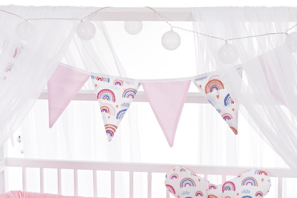 Baby Hausbett 120x60 Matratze Minky Bettset Regenbogen rosa - babyhafen.de 