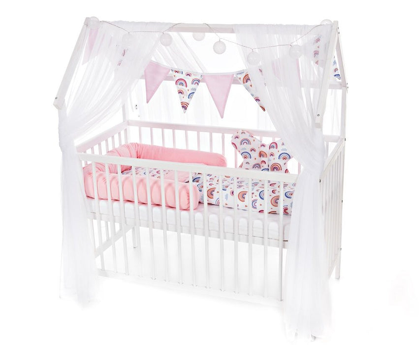 Baby Hausbett 120x60 Matratze Minky Bettset Regenbogen rosa - babyhafen.de 