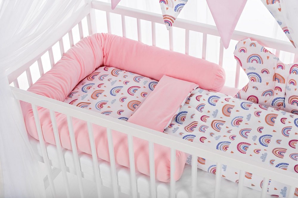 Baby Hausbett 120x60 Matratze Minky Bettset Regenbogen rosa - babyhafen.de 