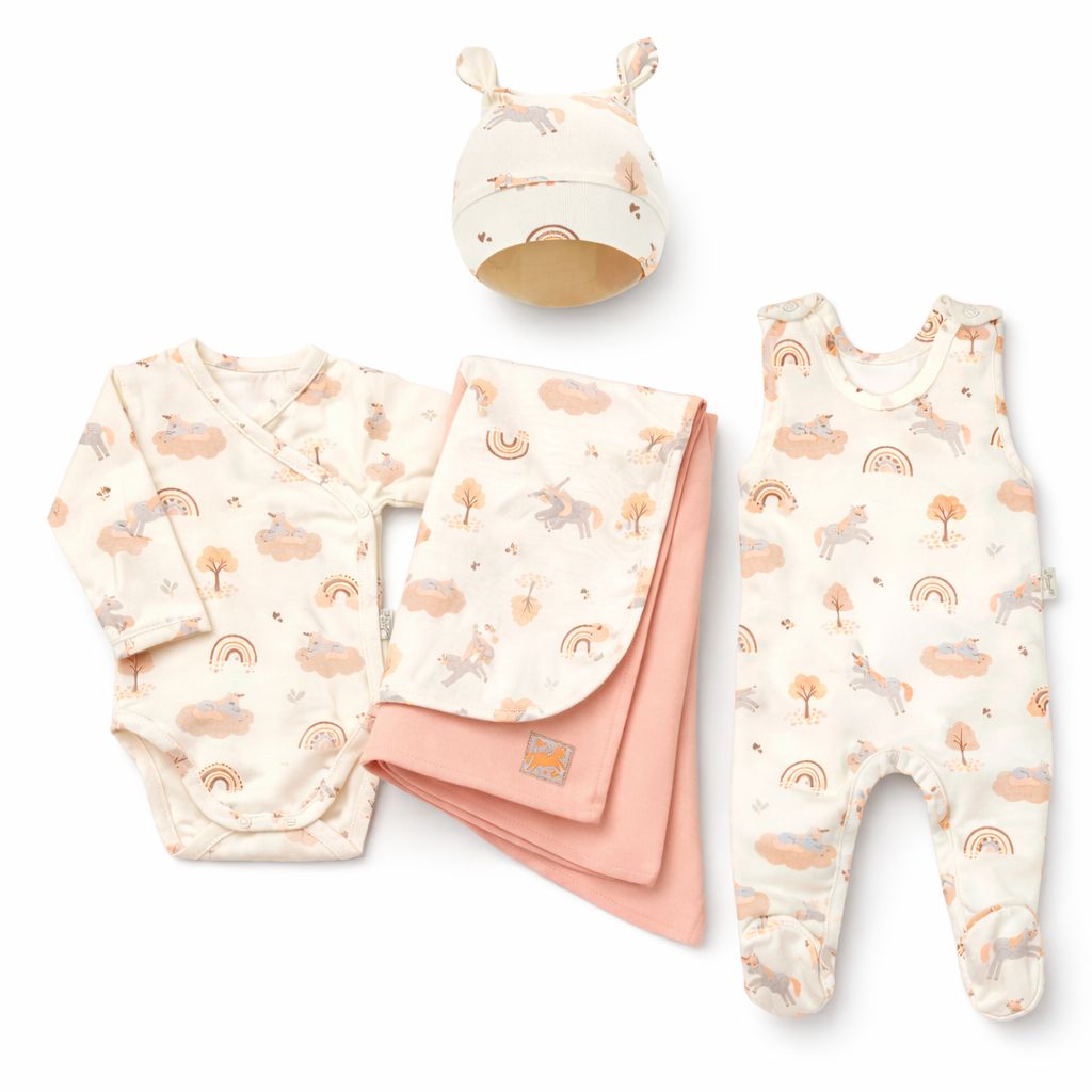 Baby Kleidung Set Neugeborene – Decke, Body, Strampler und Mütze mit Einhorn Muster