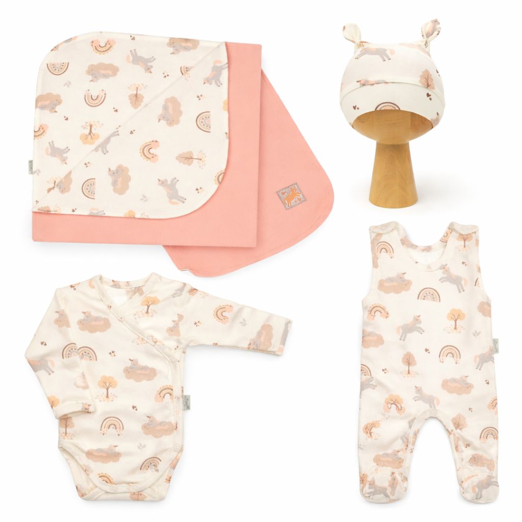 Baby Set für Neugeborene aus Baumwolle mit Einhorn Muster – Decke, Body, Strampler und Mütze in Rosa