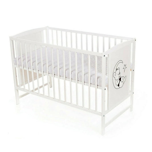 Weißes Babybett mit Bär und Sternen – Kinderbett aus Holz mit Matratze