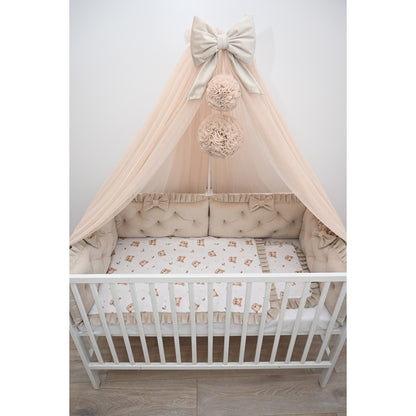 Babybett Komplettset Beige mit Baldachin und Teddybär Bettwäsche