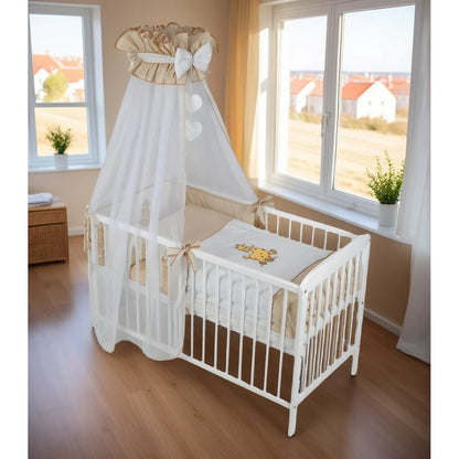 Komplettbett Babybett 60x120 Weiß mit Bettset Giraffe Beige und Baldachin