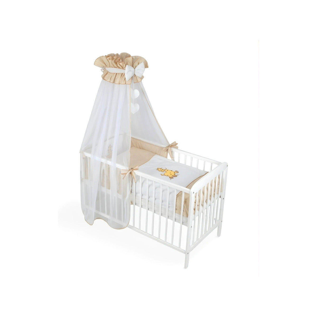 Komplettbett Babybett 60x120 Weiß mit Bettwäsche Set Giraffe Beige und Himmel