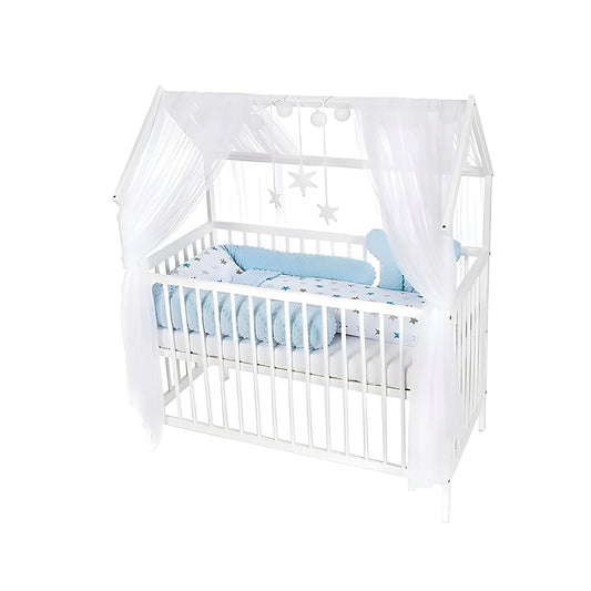 Hausbett Kinderbett 120x60 weiß mit Matratze und Minky Bettset Sterne Blau