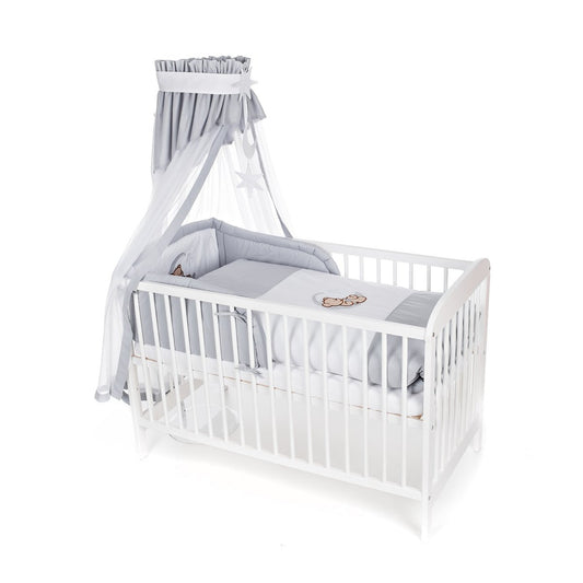 Babybett 60x120 Komplettset Weiss mit Himmel und Bettwaesche Grau