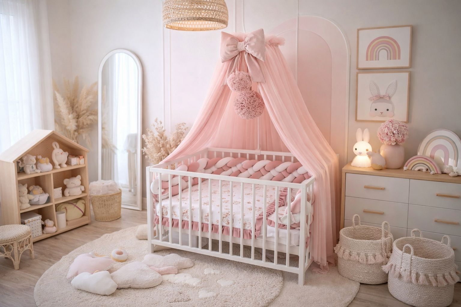 Kinderbett-Set in Rosa mit Baldachin, Schleife und weicher Zopfschlange