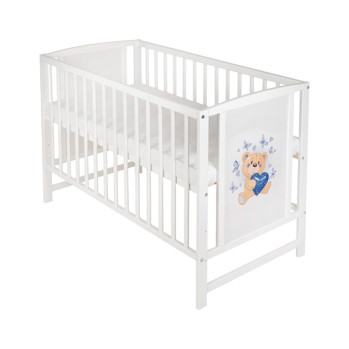 Modernes weißes Babybett mit blauem Herz und Teddybär Matratze– Babyhafen