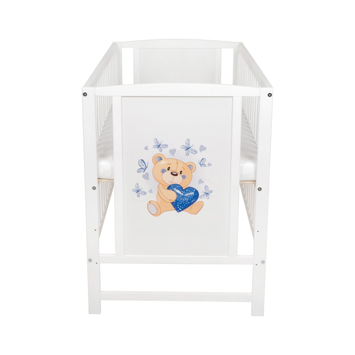 Babyhafen Babybett 60x120 cm Weiß mit Bär und blauem Herz Motiv am Kopfteil