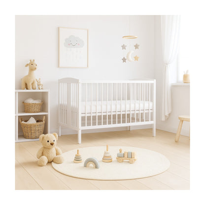 Babybett Sami 60x120 cm Weiß – Kinderbett aus Massivholz im skandinavischen Babyzimmer mit Spielzeug und Deko