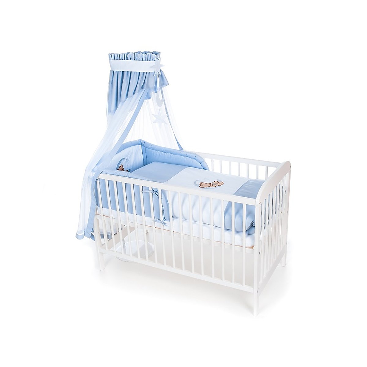 Babybett 60x120 Komplettset Weiß Blau mit Baldachin Nestchen und Matratze