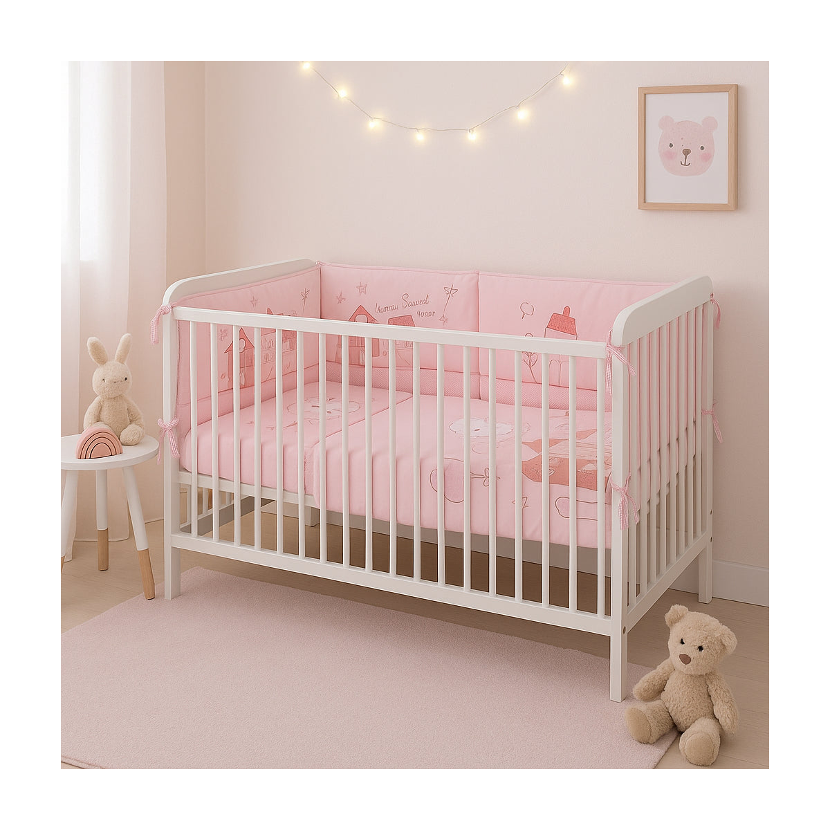 Babybett 60x120 weiß mit rosa Bettwäsche im Kinderzimmer