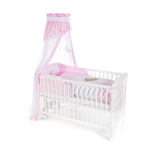 Babybett 60x120 Komplettset Weiß Rosa mit Baldachin Nestchen und Matratze