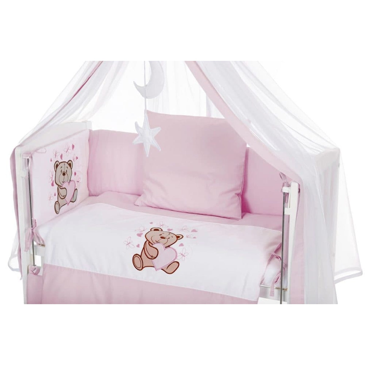 7-teiliges Babybettwäsche Set Rosa mit Bärchen Motiv und Baldachin