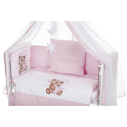 7-teiliges Babybettwäsche Set Rosa mit Bärchen Motiv und Baldachin