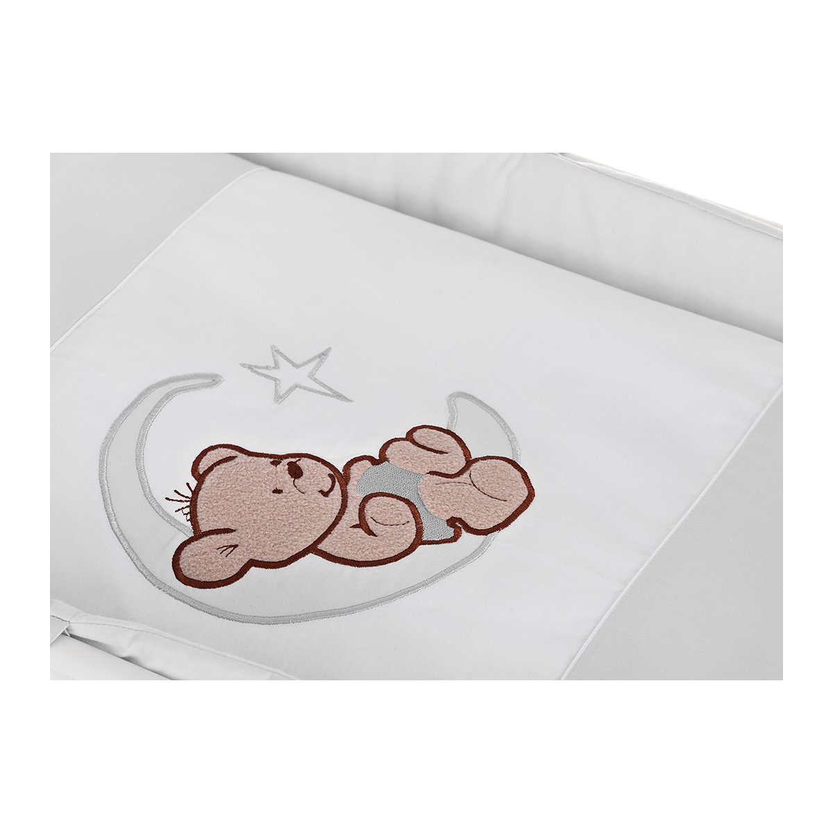 Babybett Bettwaesche Grau mit Baer und Mond Motiv
