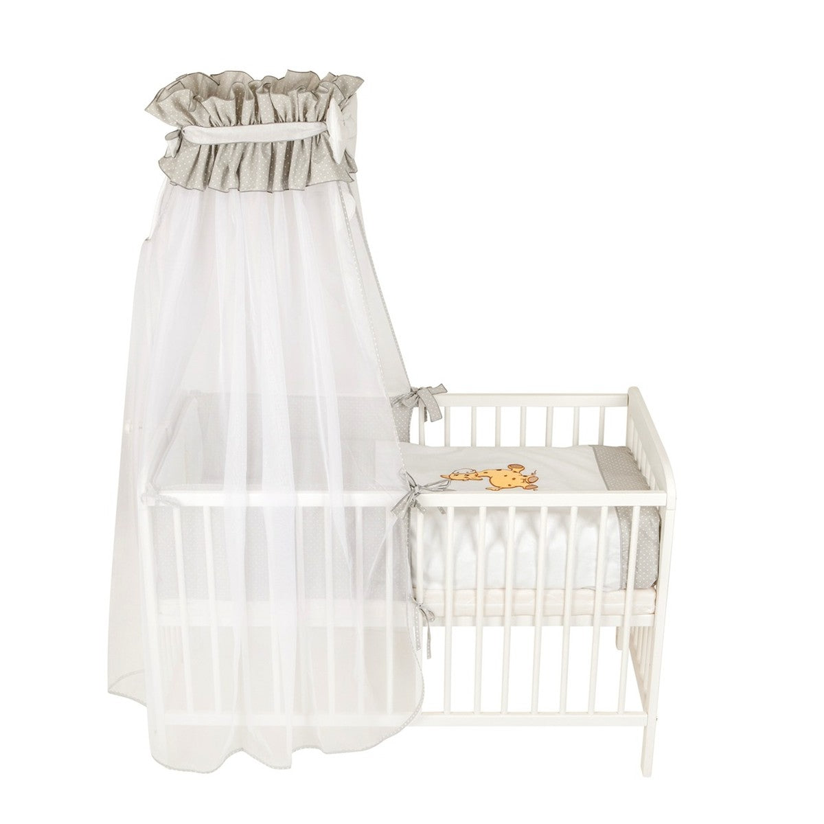 Babybett 60x120 Weiß mit Bettwäsche Set Giraffe Grau im Kinderzimmer