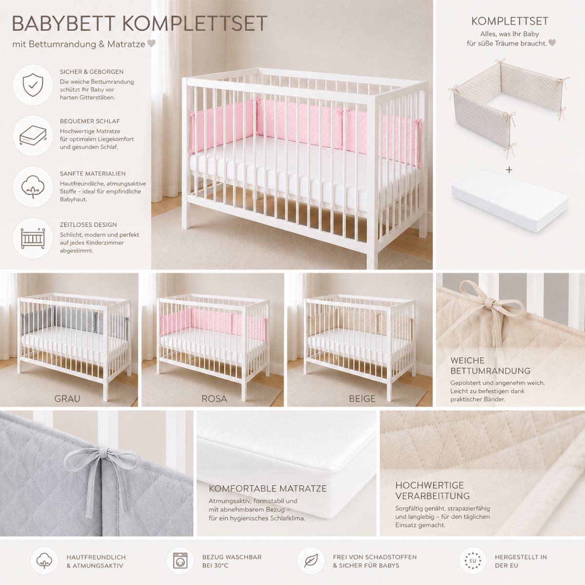 Babybett 60x120 mit weichem Bettnestchen in 3 Farben